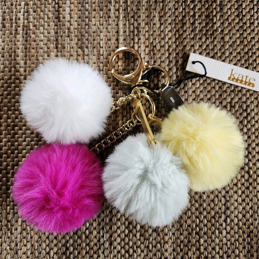 KATE LANDRY 4 MULTICOLOR POM POM FUR KEY CHAIN KEY RING CHARM NWT